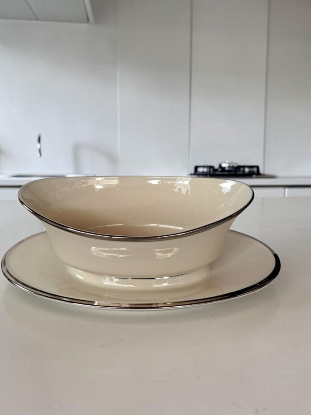 Lenox Solitaire Ivory Platinum Gravy Boat With Attached Underplate Made in USA